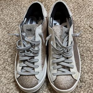 P448 Women’s Glitter Low-Top Sneakers in Taupe and Silver